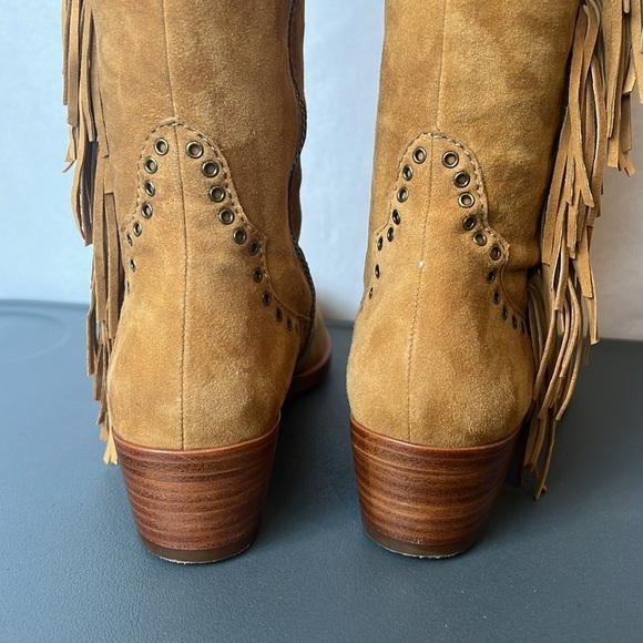 Frye Ray Fringe Over the Knee Tall Suede Grommet Pointed Toe Boots Tan 6.5 - Picture 6 of 13